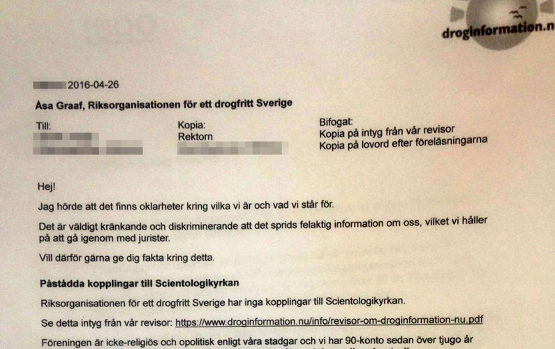 Hotfulla brev från Åsa Graaf, Riksorganisationen för ett Drogfritt Sverige